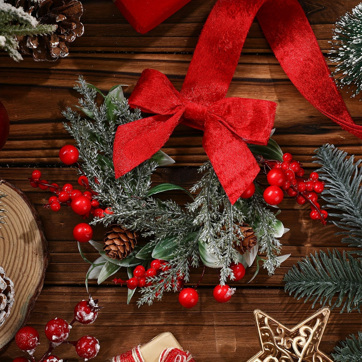 Christmas Wreath Artificial with Red Bow and Pinecones Needing No Power