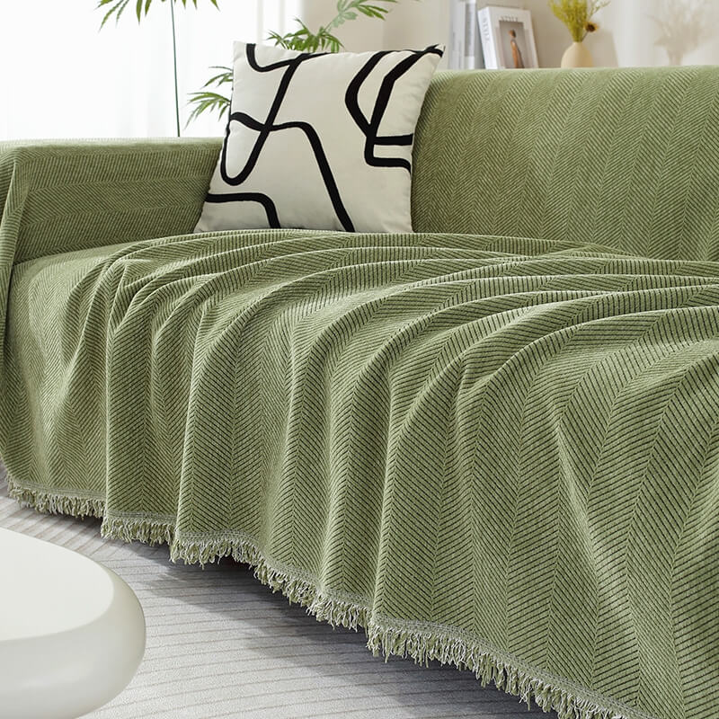 Herringbone Sofa Cover with Tassel Trim Furniture Protector in Five Lengths