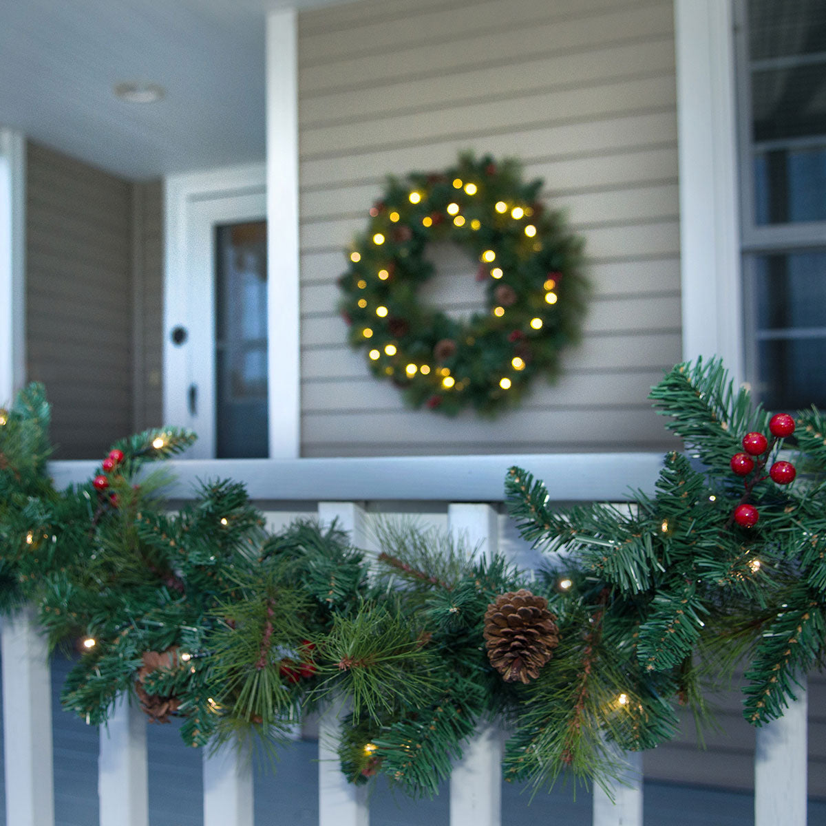 Pre Lit Garland 9 Foot Cordless with 40 White LEDs Berries and Cones