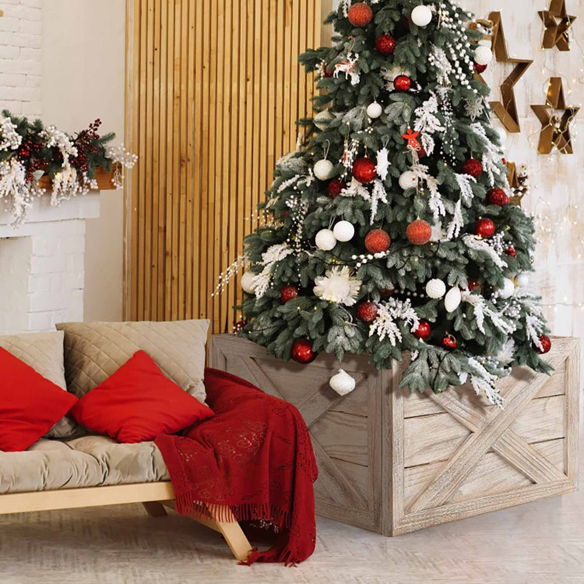 Christmas Tree Skirt Alternative Wooden Collar 72 cm in Whitewashed Wood