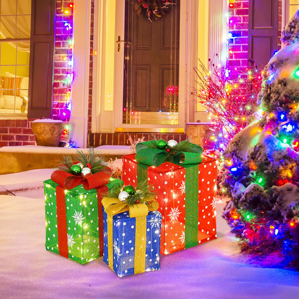 Christmas Decorations Lit Gift Boxes Set of 3 with 52 LEDs in Tinsel Fabric