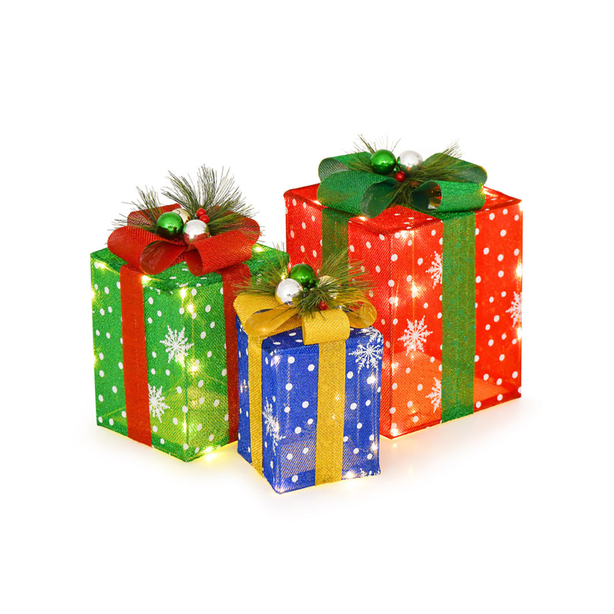 Christmas Decorations Lit Gift Boxes Set of 3 with 52 LEDs in Tinsel Fabric