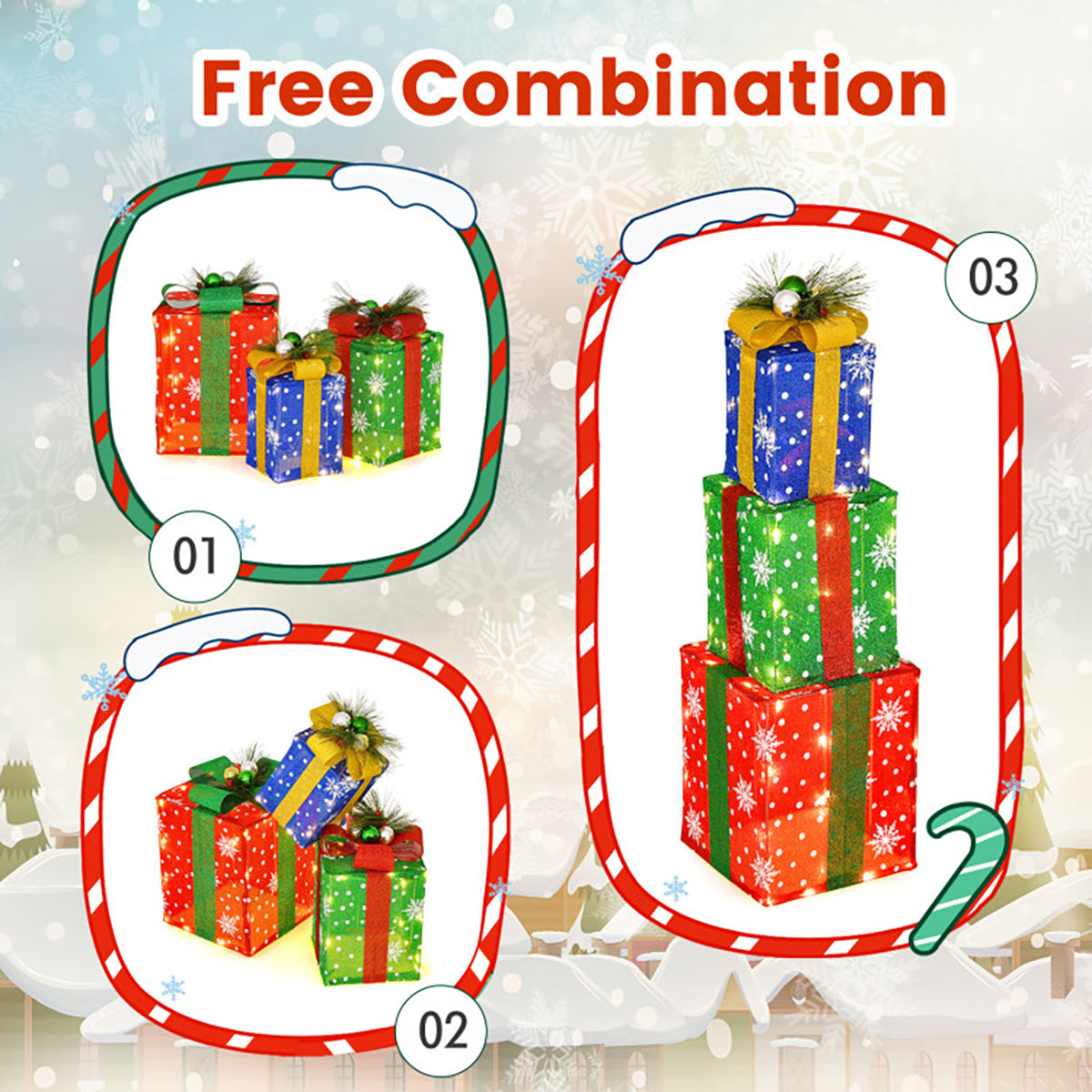 Christmas Decorations Lit Gift Boxes Set of 3 with 52 LEDs in Tinsel Fabric