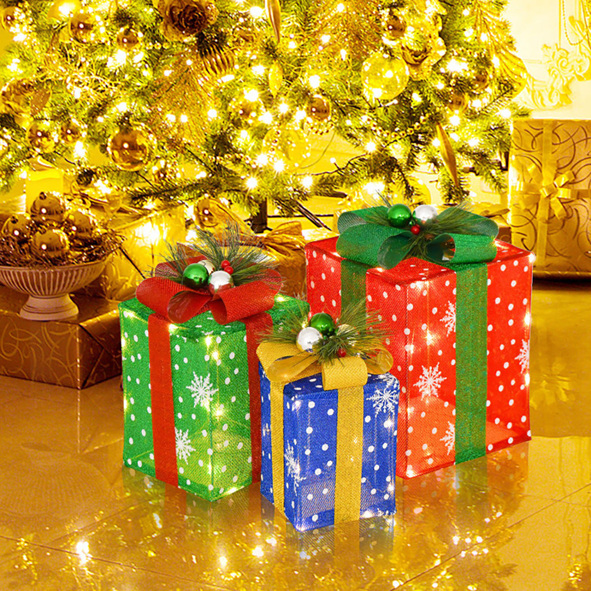Christmas Decorations Lit Gift Boxes Set of 3 with 52 LEDs in Tinsel Fabric