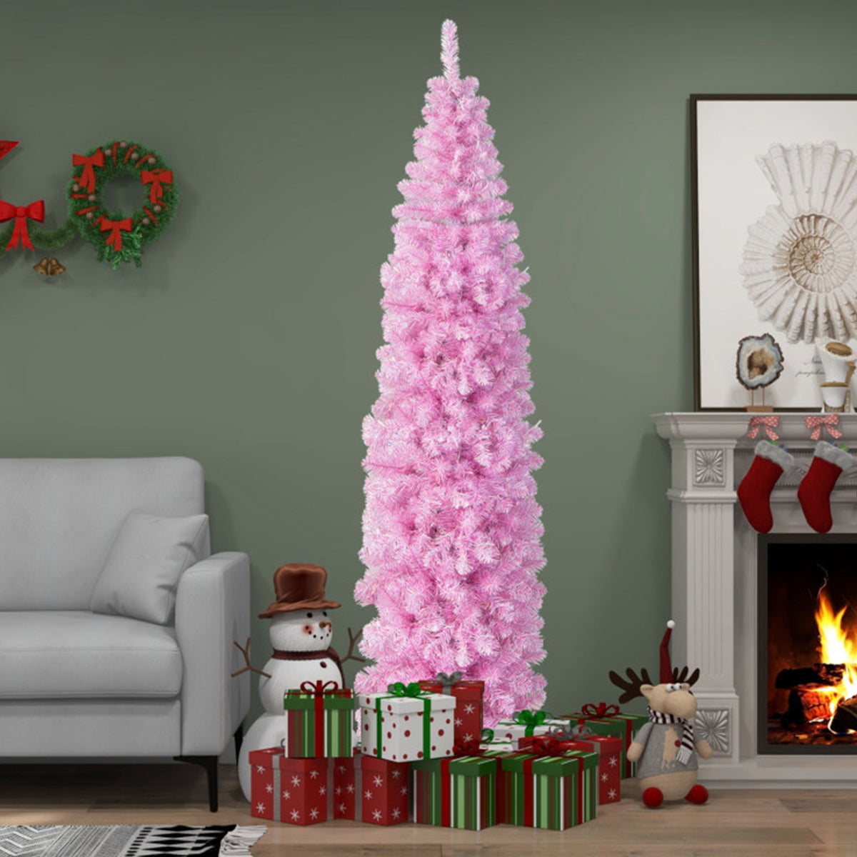 Artificial Christmas Tree Pink Pencil 7 Foot with 670 Leaves and Cold LEDs
