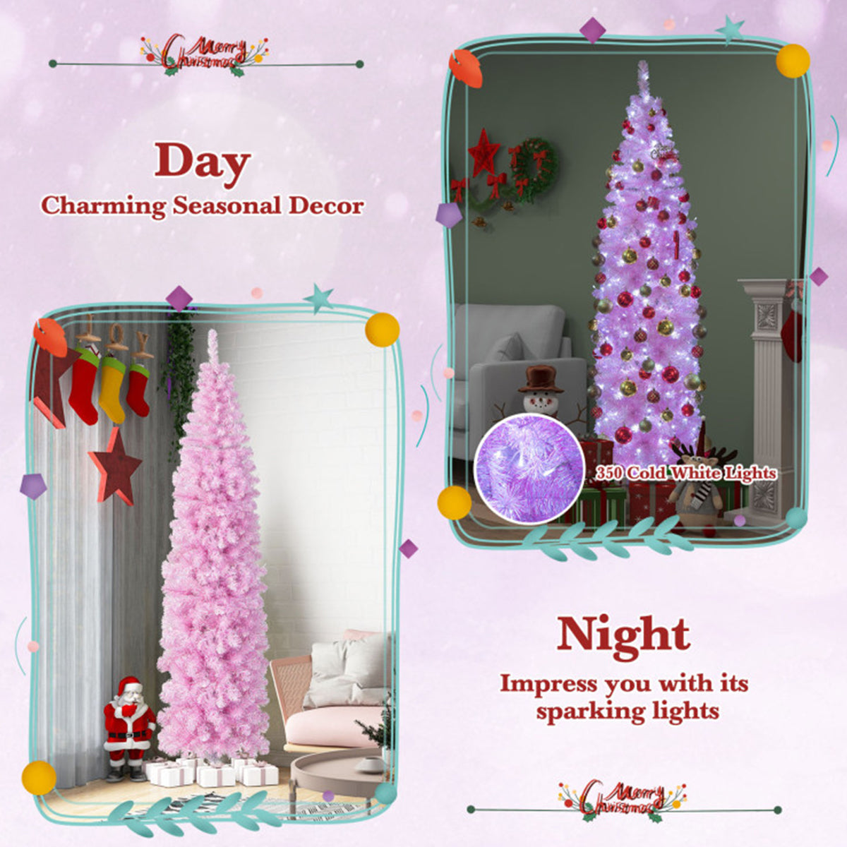 Artificial Christmas Tree Pink Pencil 7 Foot with 670 Leaves and Cold LEDs