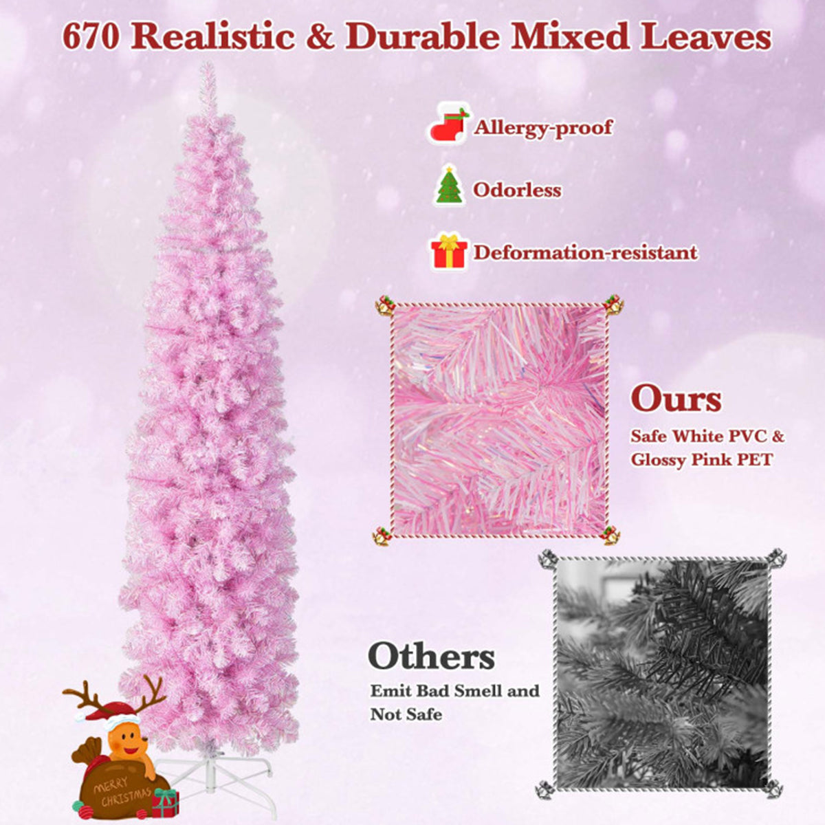Artificial Christmas Tree Pink Pencil 7 Foot with 670 Leaves and Cold LEDs