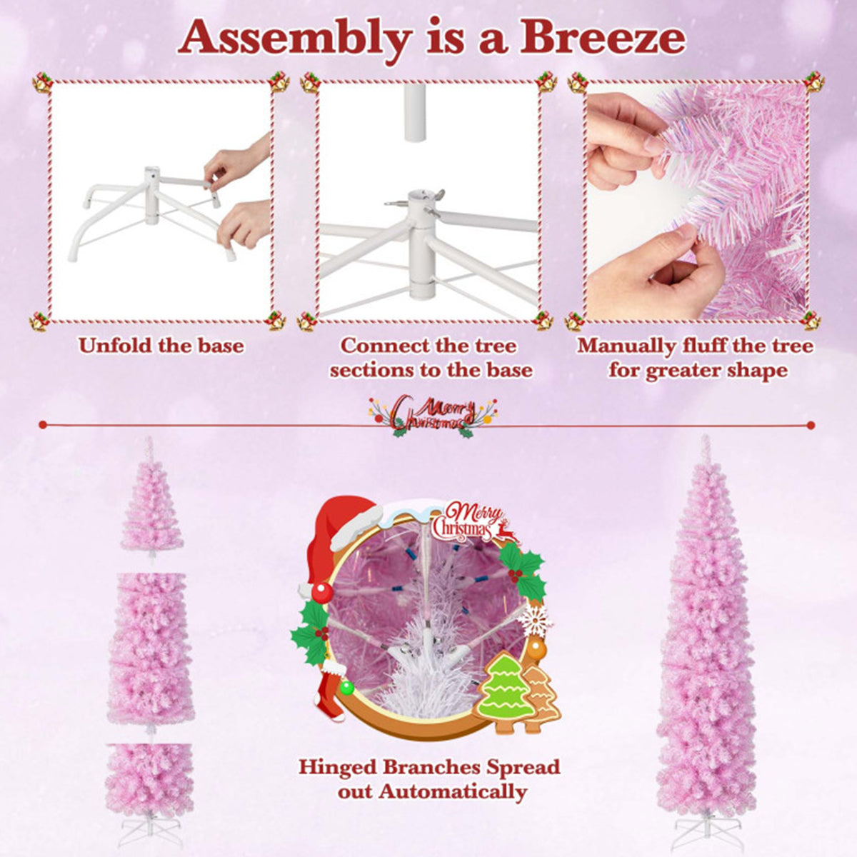 Artificial Christmas Tree Pink Pencil 7 Foot with 670 Leaves and Cold LEDs