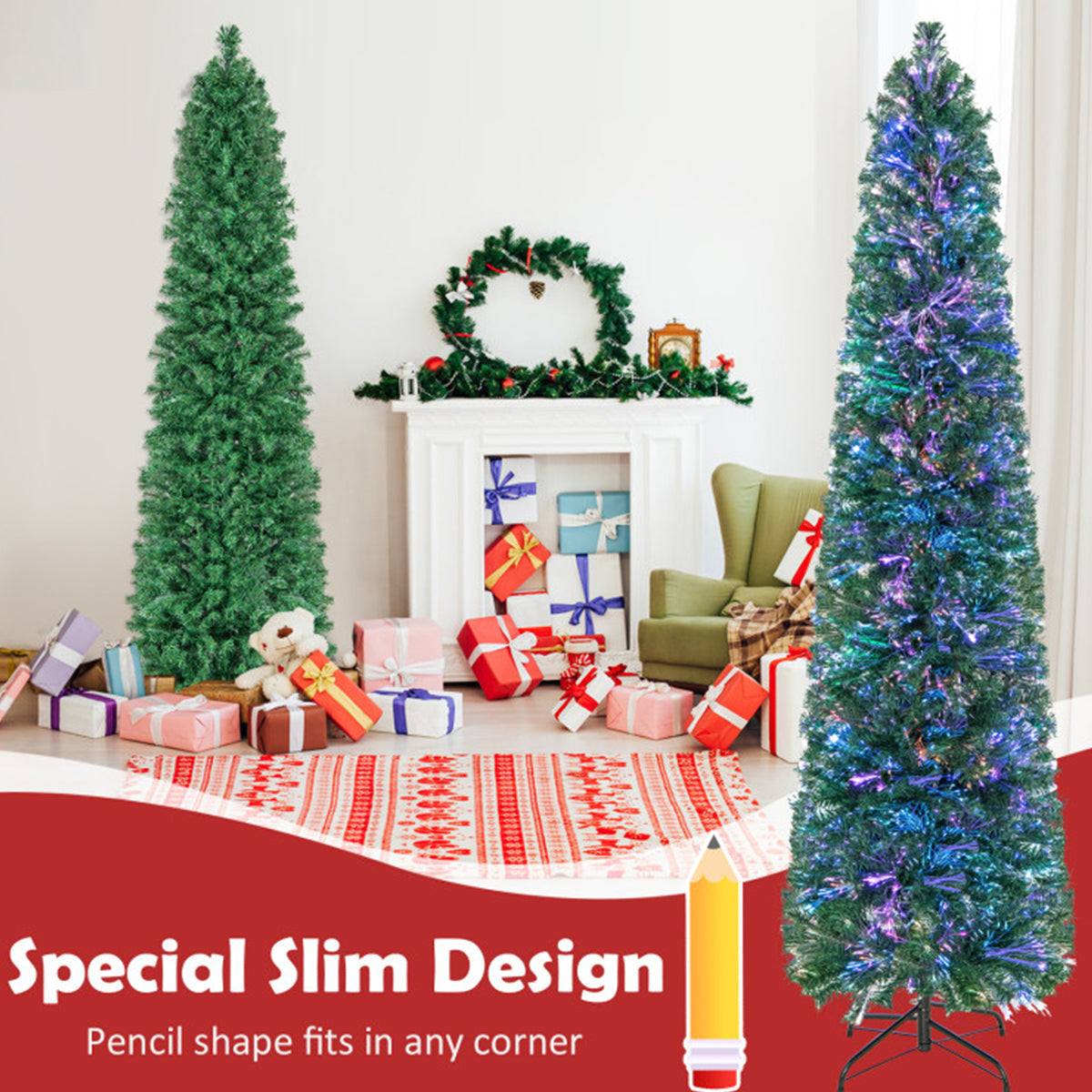 Artificial Christmas Tree Pencil 7 Foot Pre Lit with Fibre Optic Colour