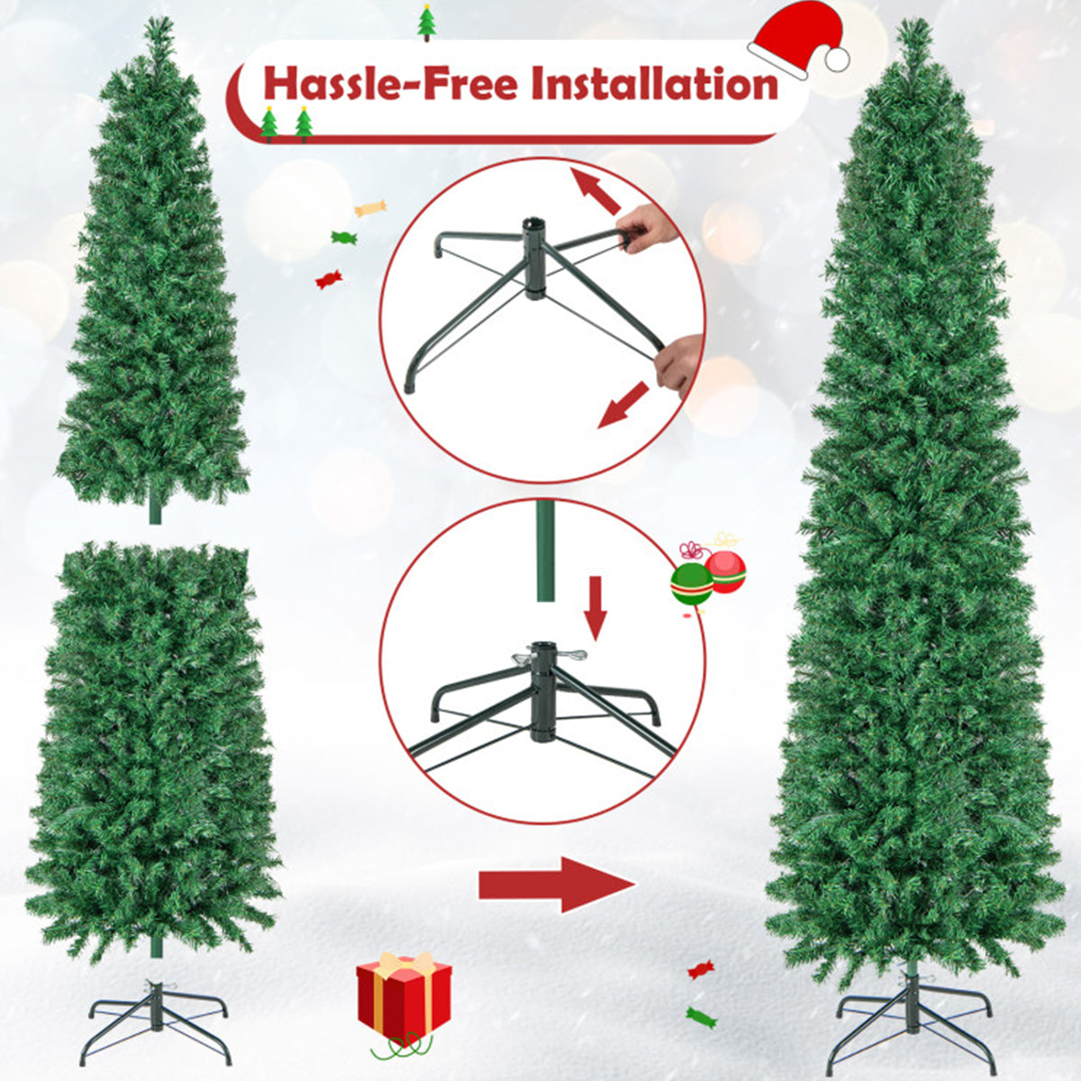 Artificial Christmas Tree Pencil 7 Foot Pre Lit with Fibre Optic Colour