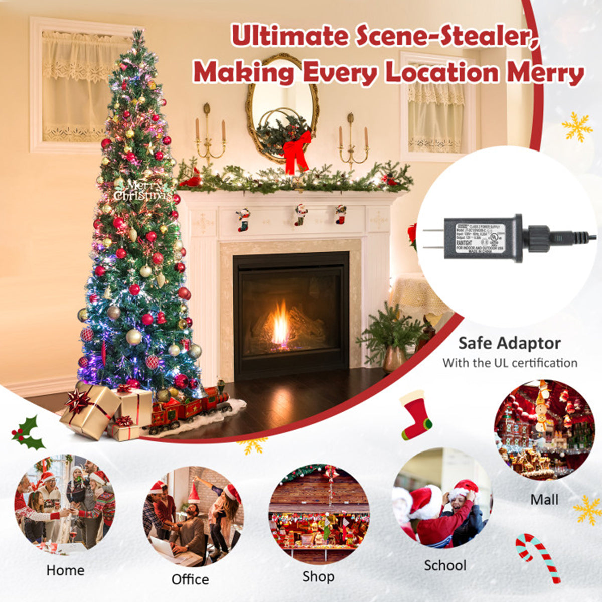 Artificial Christmas Tree Pencil 7 Foot Pre Lit with Fibre Optic Colour