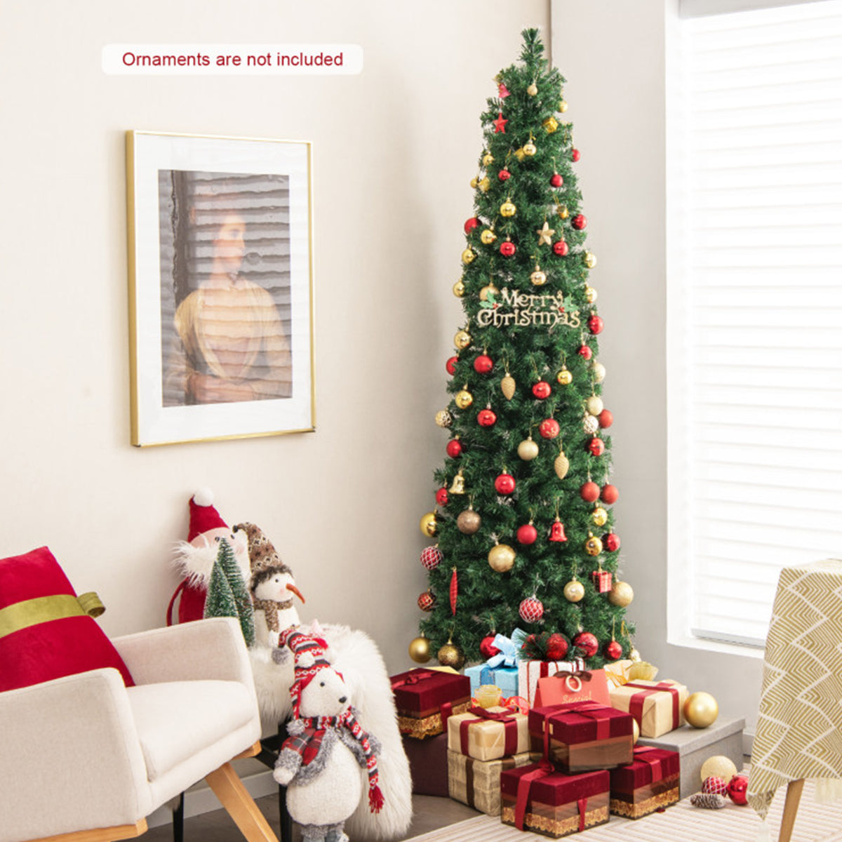 Artificial Christmas Tree Pencil 7 Foot Pre Lit with Fibre Optic Colour