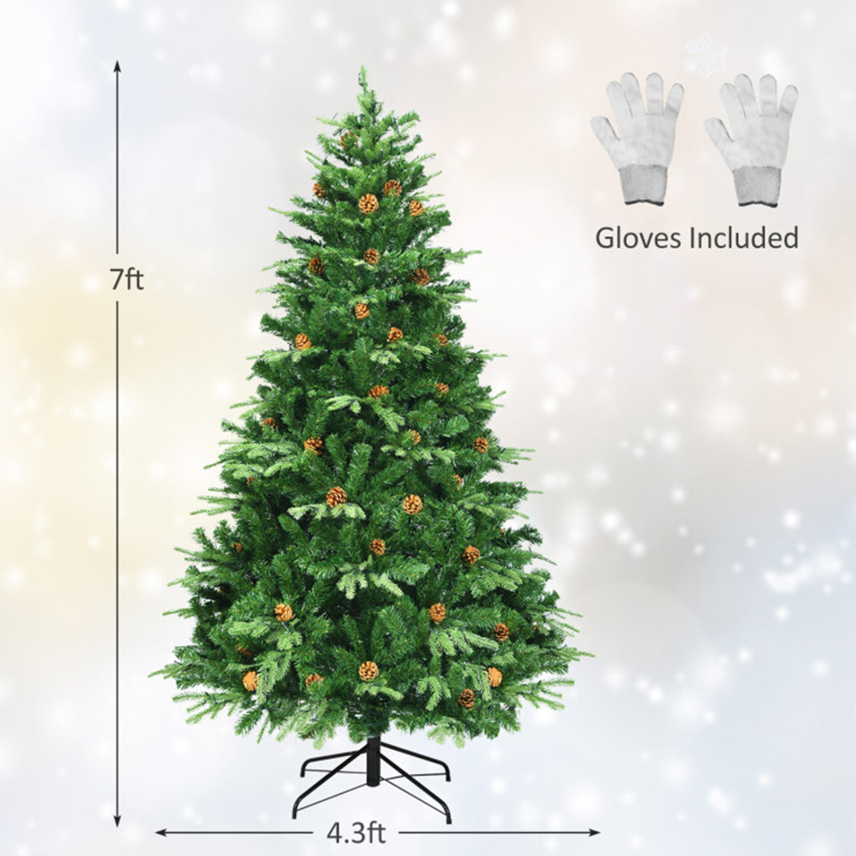 Artificial Christmas Tree Pre Lit 7 Foot with Pinecones and Iron Stand
