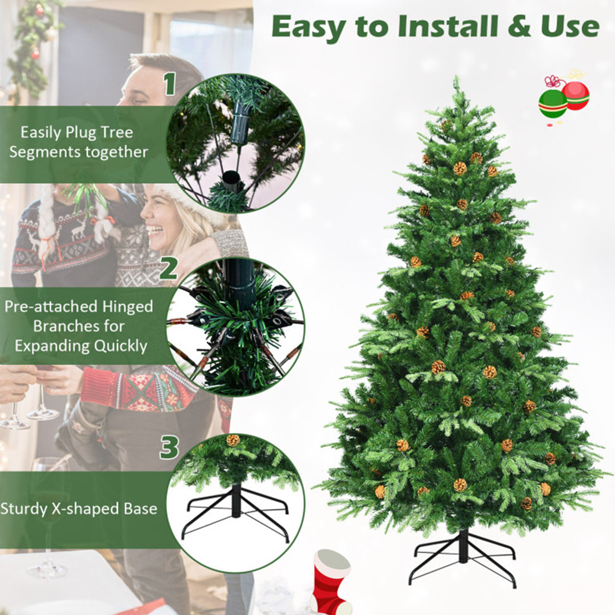 Artificial Christmas Tree Pre Lit 7 Foot with Pinecones and Iron Stand