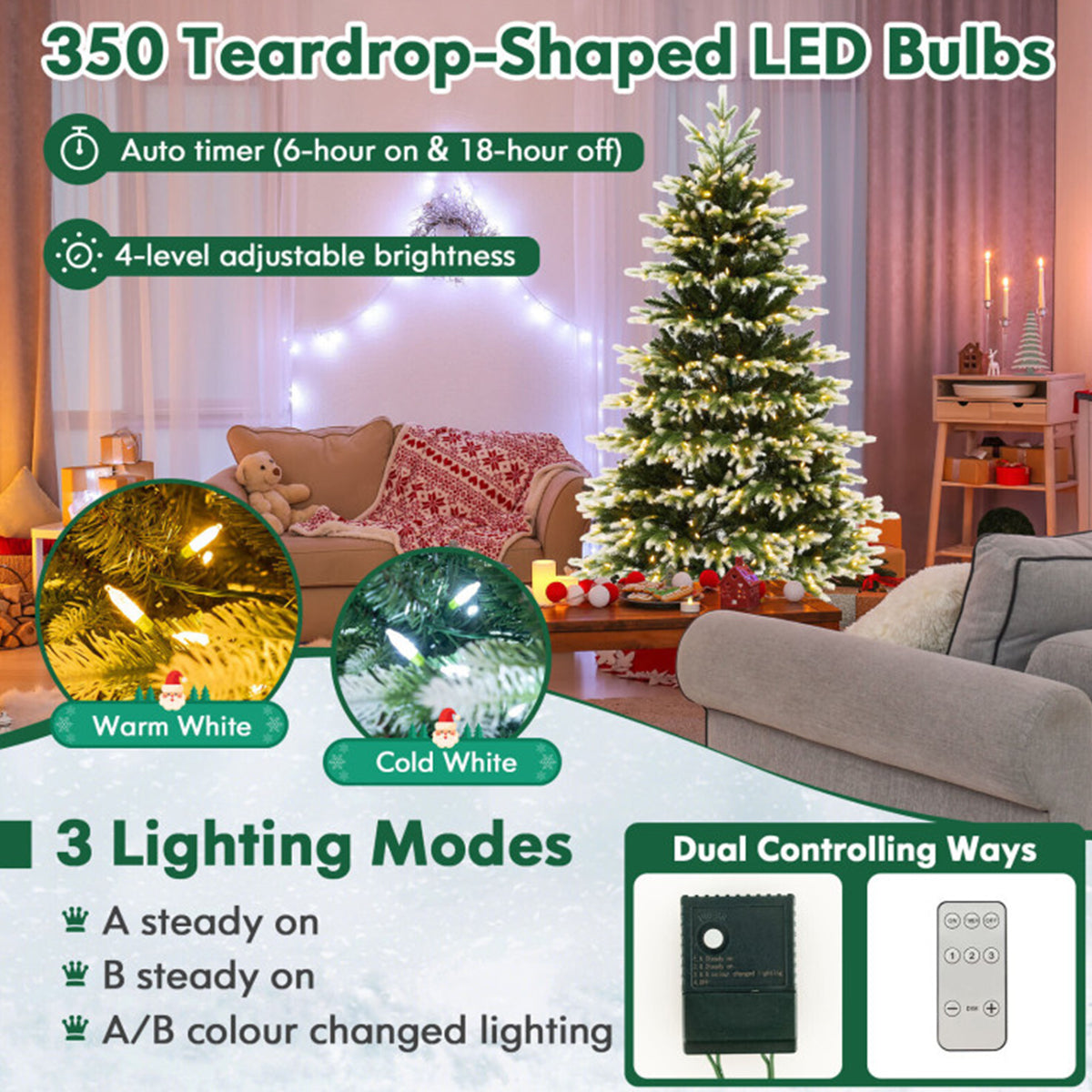 Pre Lit Christmas Tree Snowy Tipped Hinged with 2489 Branch Tips and Remote