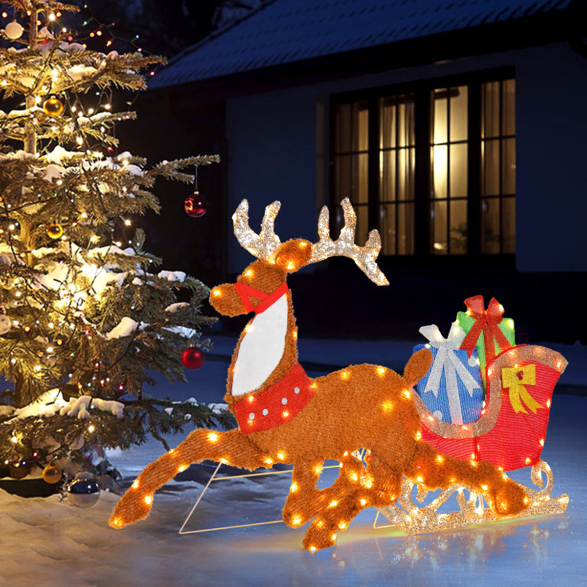 Christmas Decorations Reindeer and Sleigh Pre Lit with 200 LEDs for Gardens