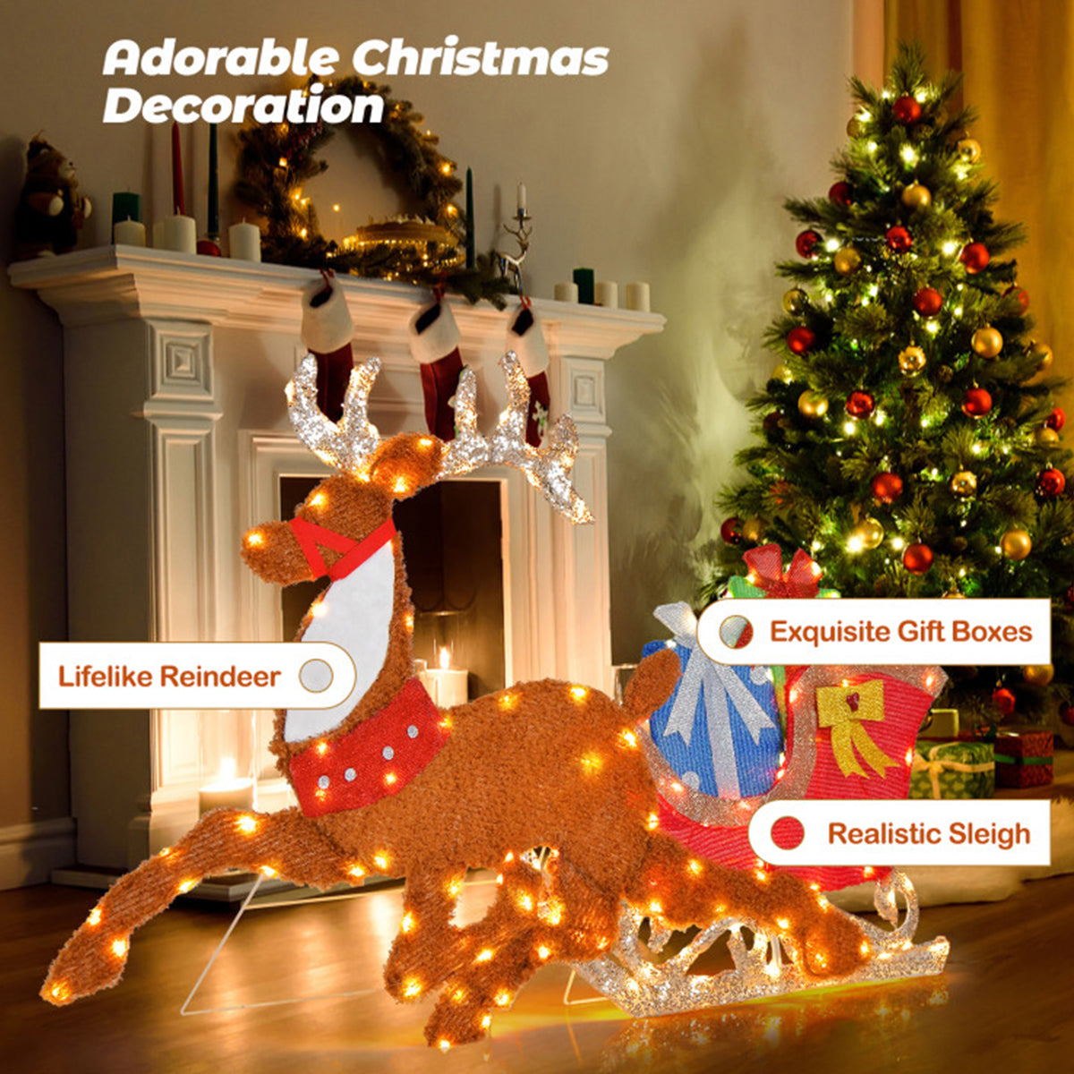 Christmas Decorations Reindeer and Sleigh Pre Lit with 200 LEDs for Gardens