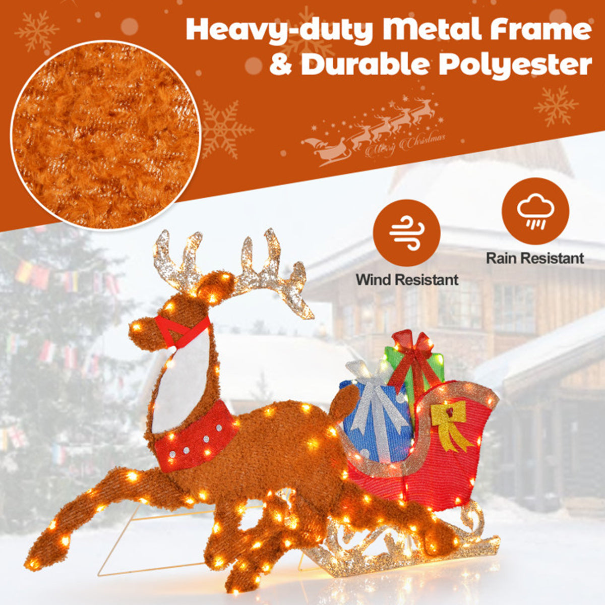 Christmas Decorations Reindeer and Sleigh Pre Lit with 200 LEDs for Gardens