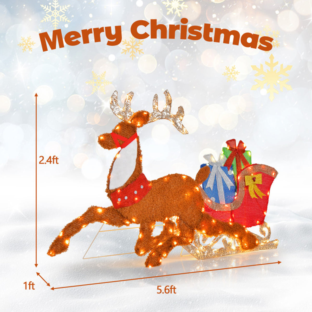 Christmas Decorations Reindeer and Sleigh Pre Lit with 200 LEDs for Gardens