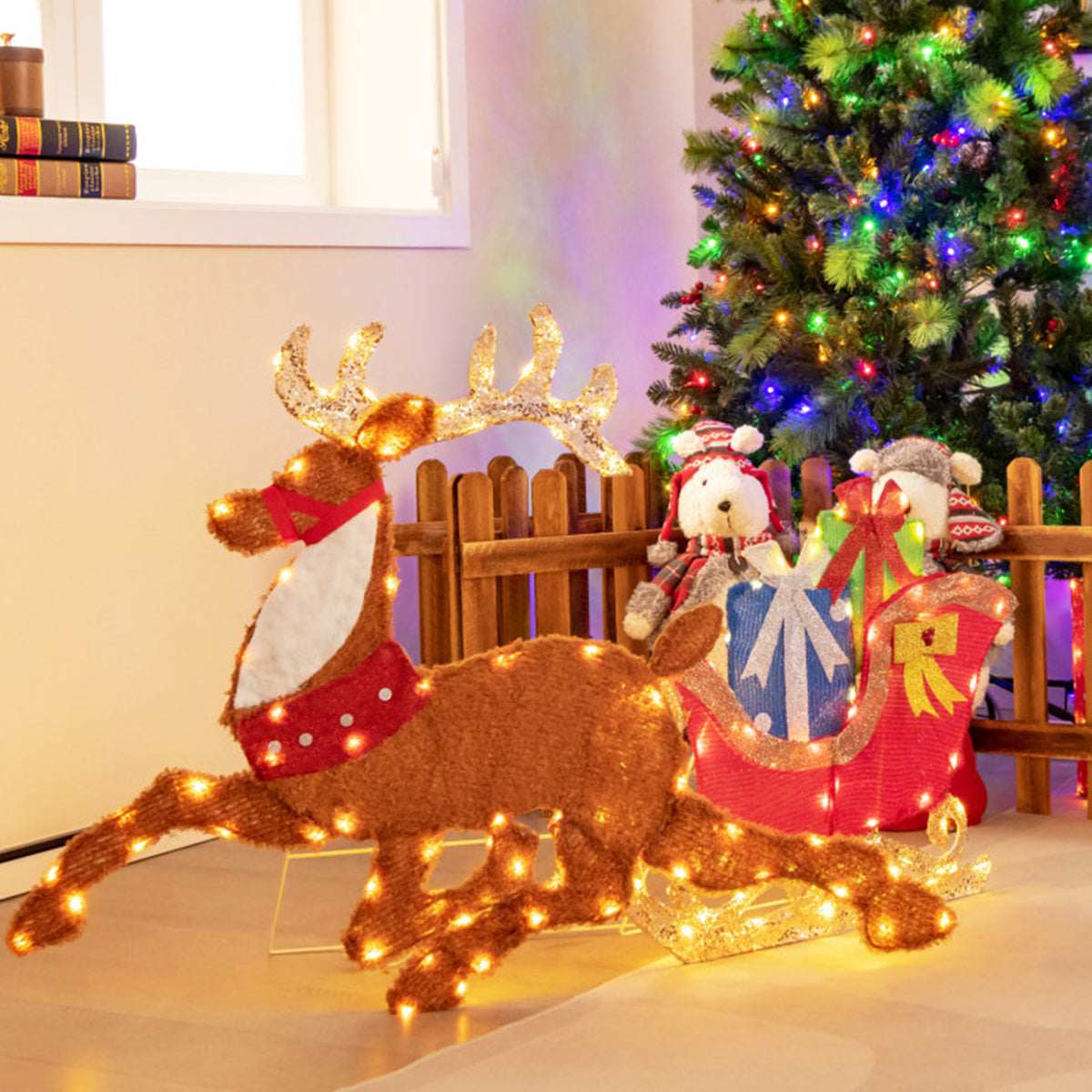 Christmas Decorations Reindeer and Sleigh Pre Lit with 200 LEDs for Gardens