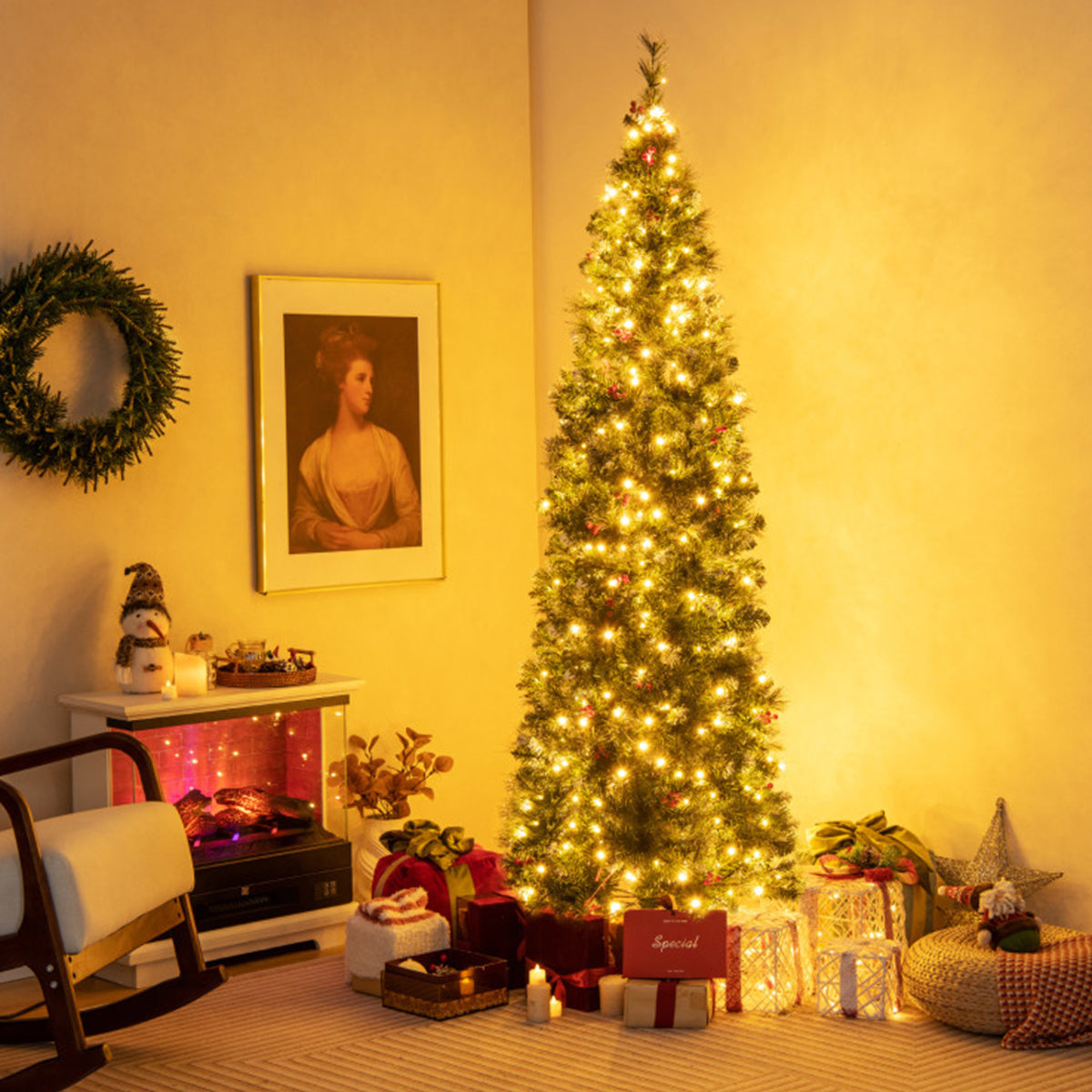 Artificial Christmas Tree Pencil Pre Lit from 7 to 9 Foot with Red Berries