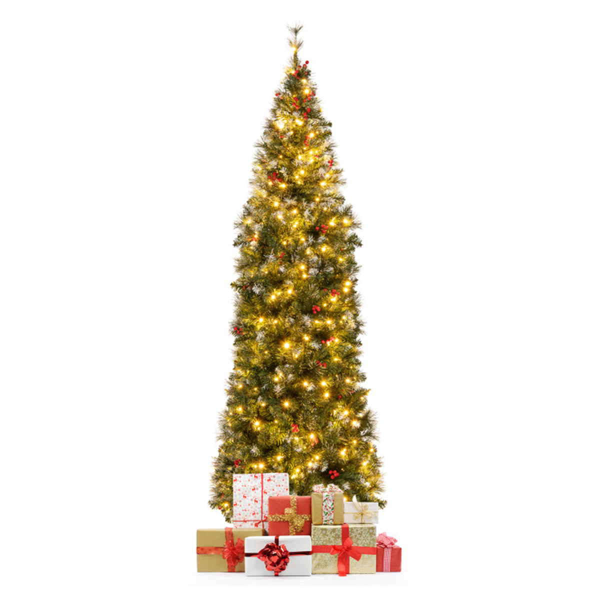 Artificial Christmas Tree Pencil Pre Lit from 7 to 9 Foot with Red Berries