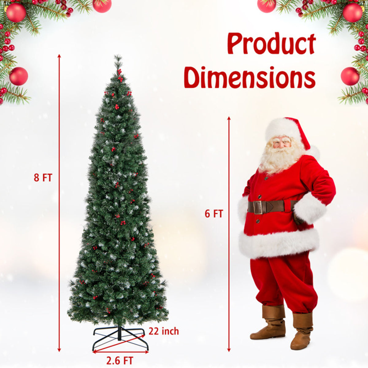 Artificial Christmas Tree Pencil Pre Lit from 7 to 9 Foot with Red Berries
