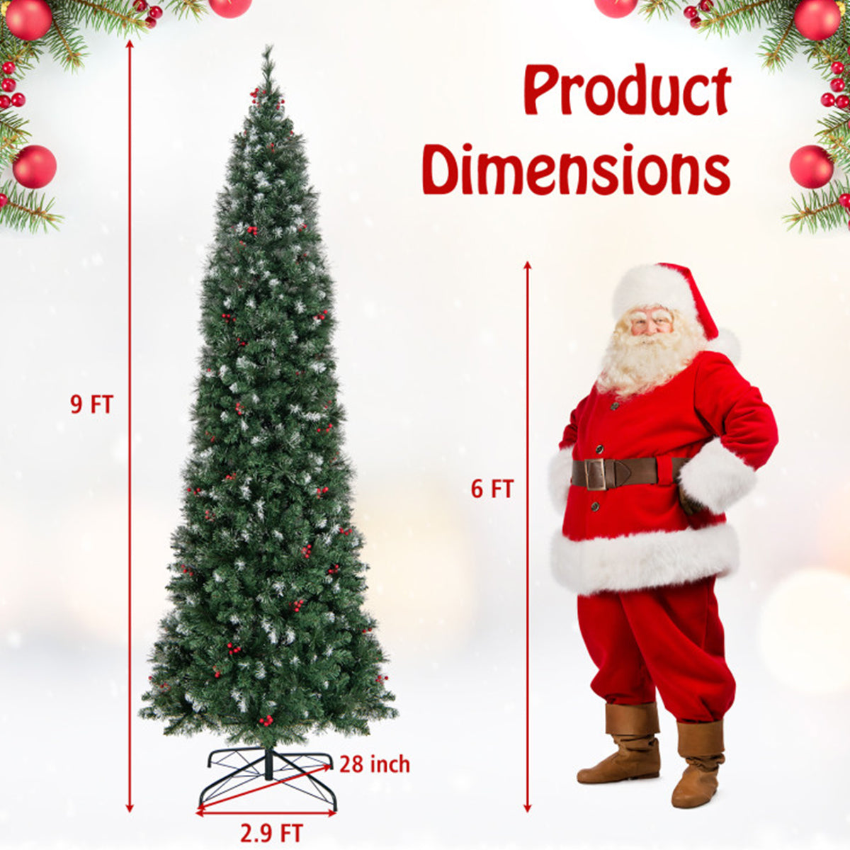 Artificial Christmas Tree Pencil Pre Lit from 7 to 9 Foot with Red Berries