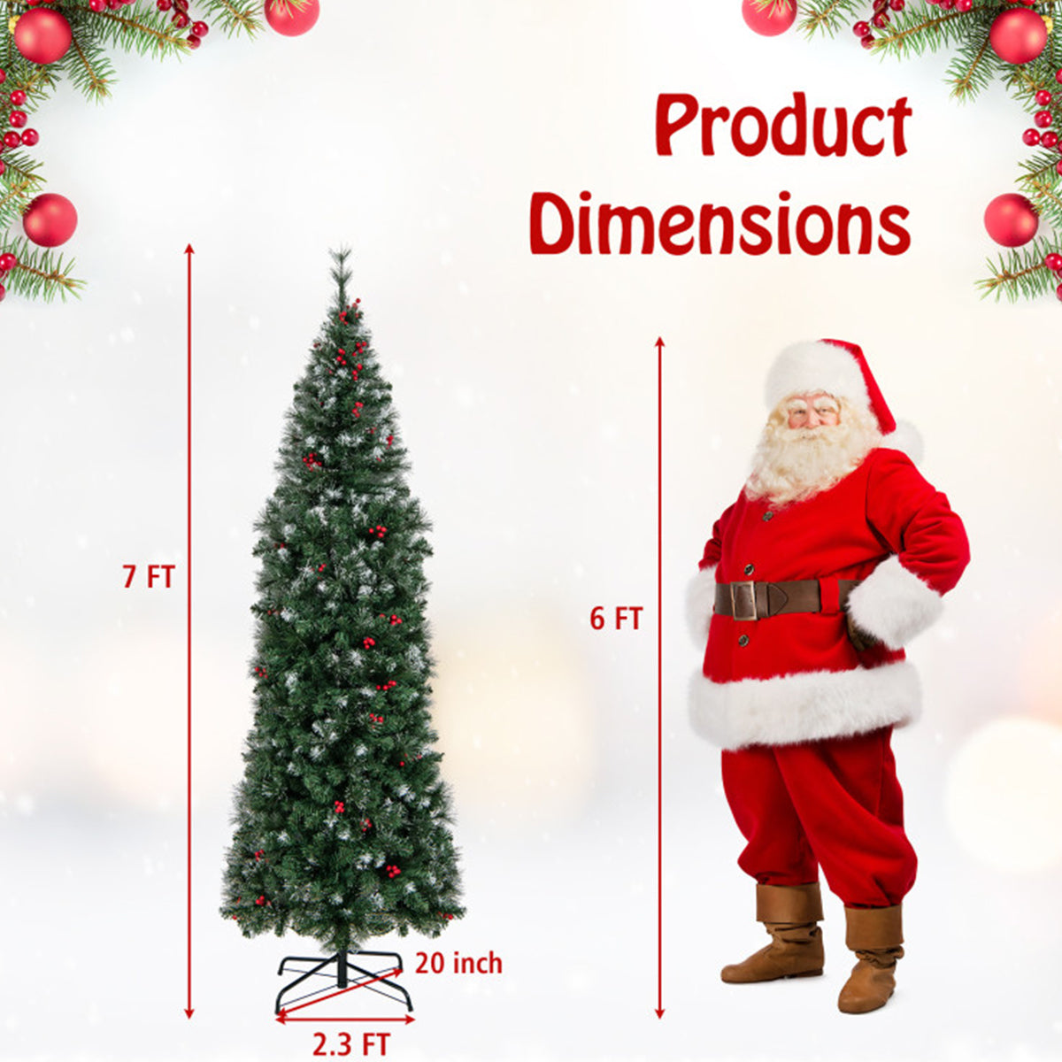 Artificial Christmas Tree Pencil Pre Lit from 7 to 9 Foot with Red Berries