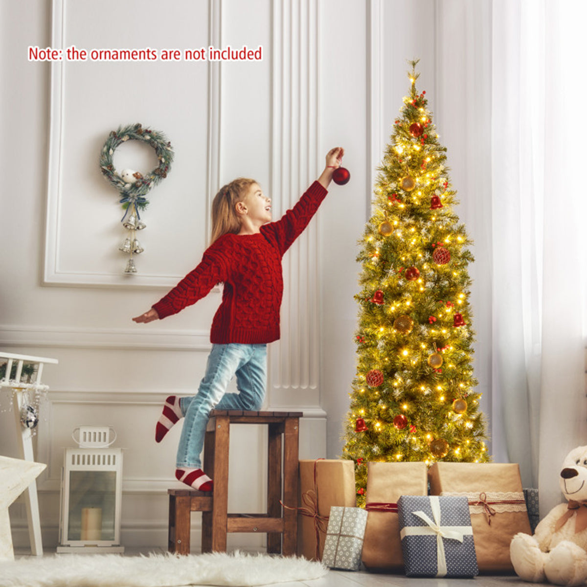Artificial Christmas Tree Pencil Pre Lit from 7 to 9 Foot with Red Berries