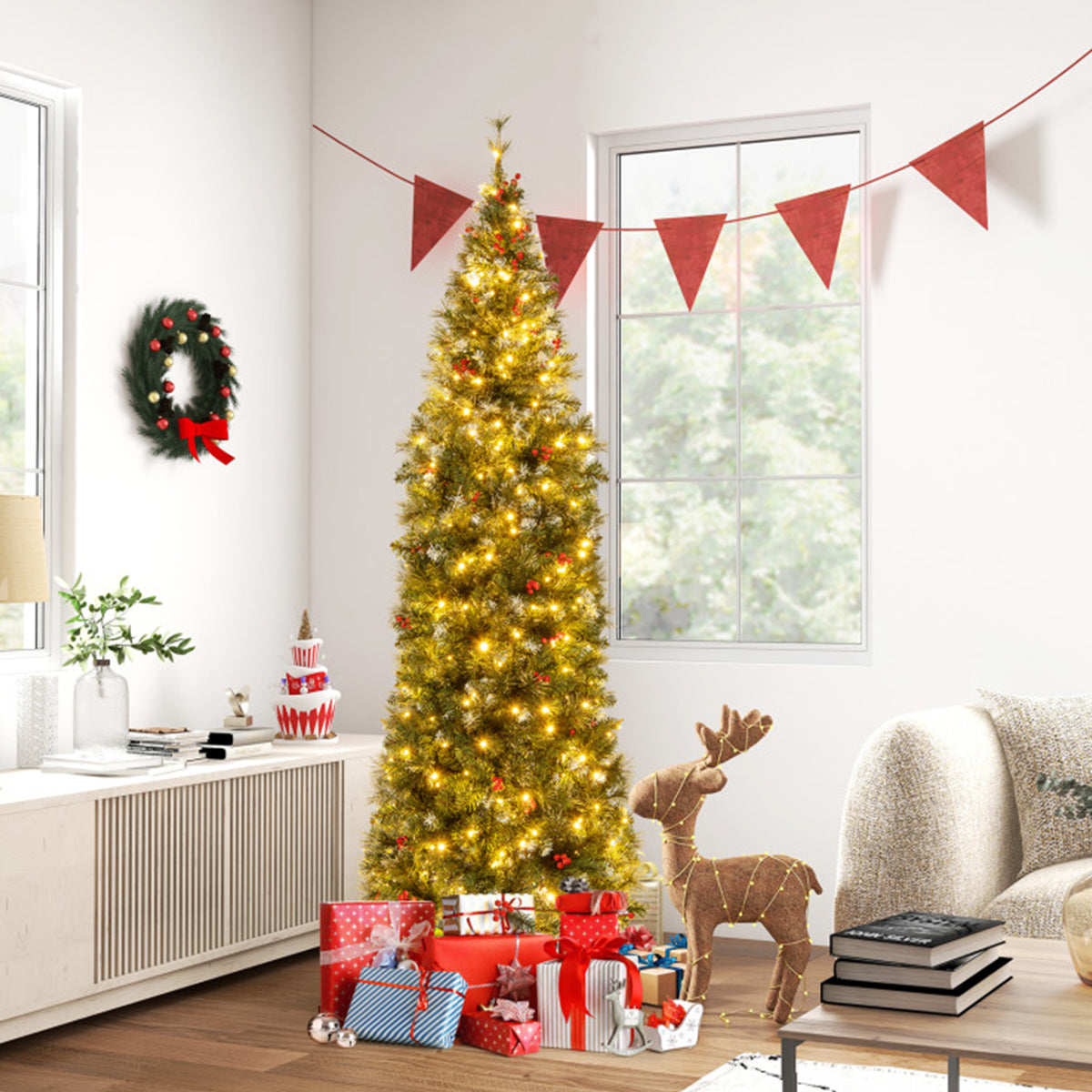 Artificial Christmas Tree Pencil Pre Lit from 7 to 9 Foot with Red Berries
