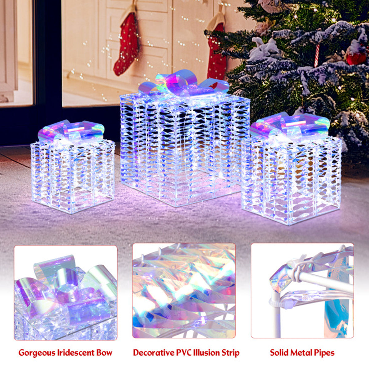 Christmas Decorations Iridescent Gift Boxes with 156 LEDs and Ground Stakes