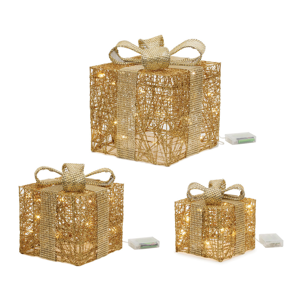 Christmas Decorations Lit Gift Boxes Set of 3 in Gold or White at 18 to 28 cm