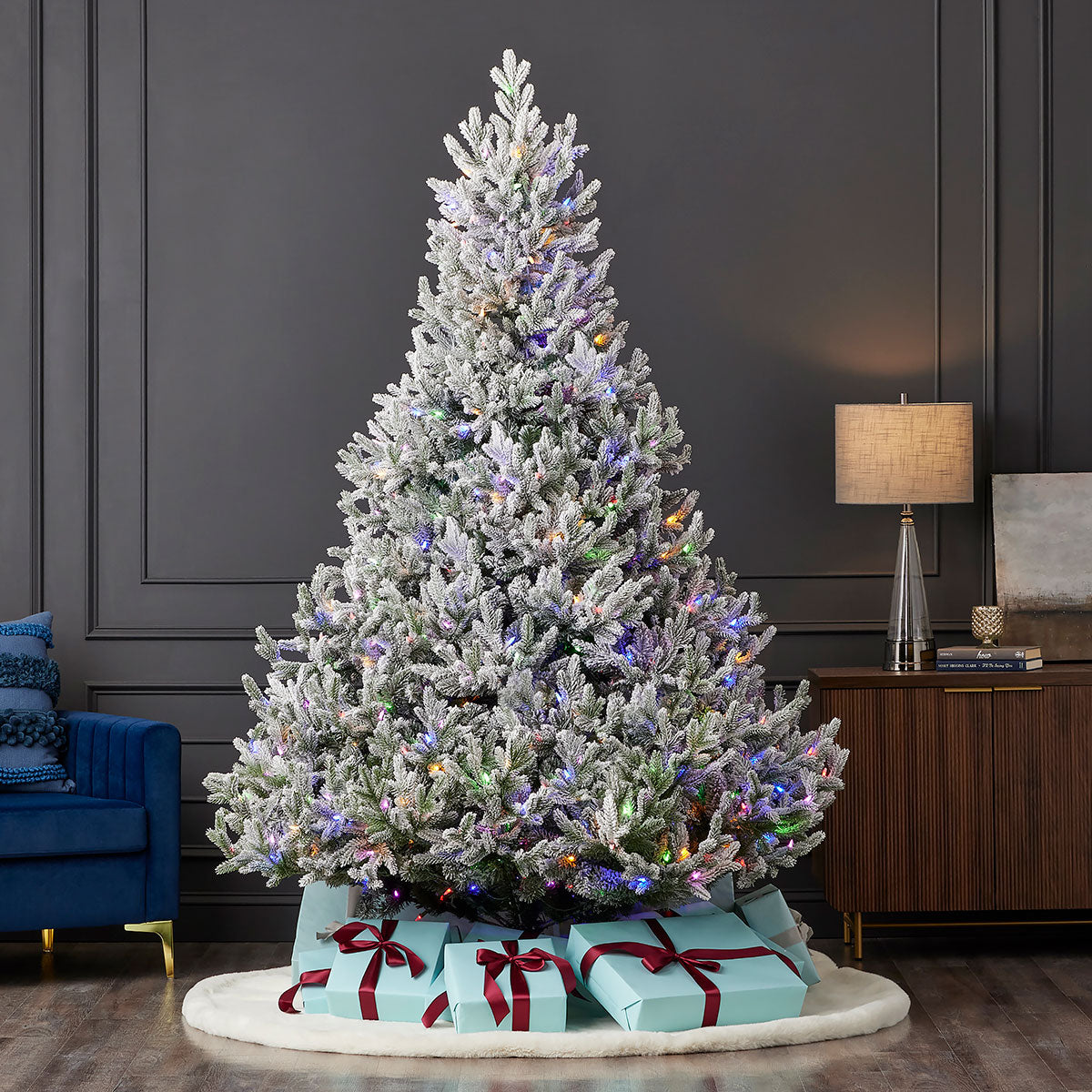 Flocked Christmas Tree Fir at 7.5 or 9 Foot Pre Lit