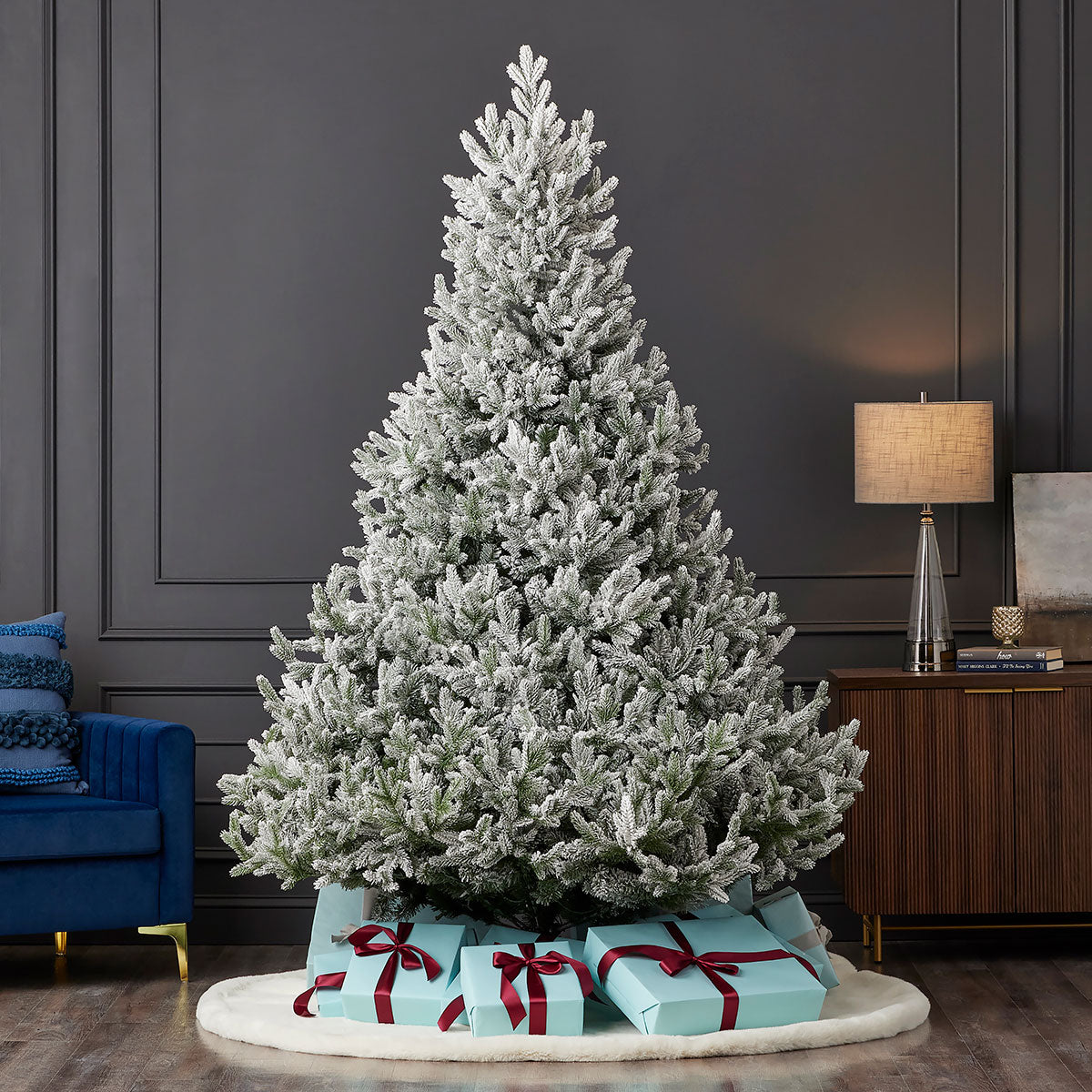 Flocked Christmas Tree Fir at 7.5 or 9 Foot Pre Lit