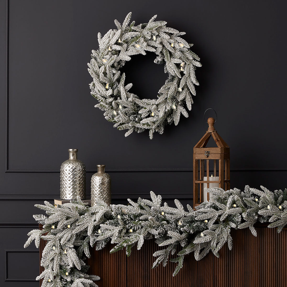 Holiday Decor Flocked Fir Garland 9 Foot with Warm LEDs