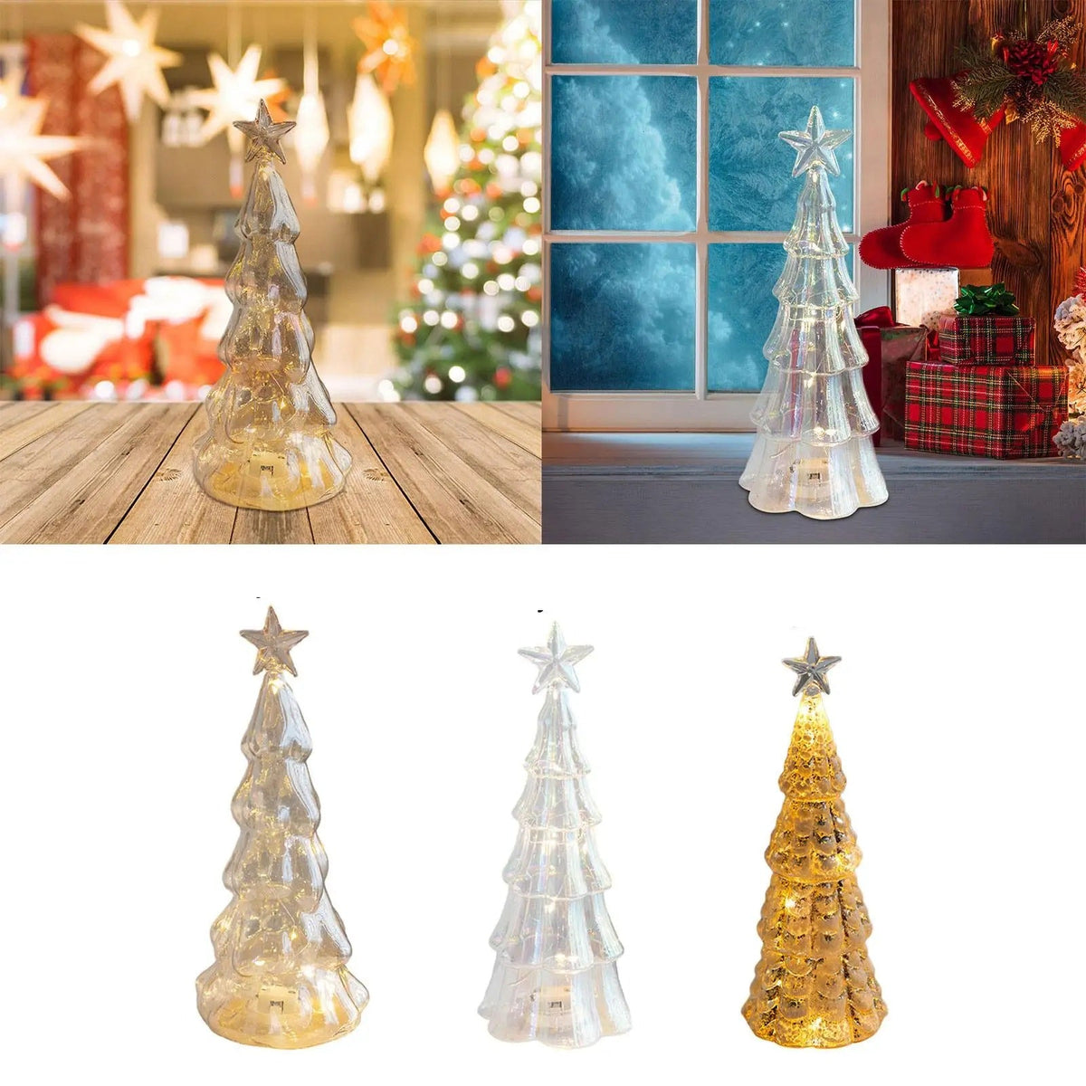 Christmas Lights Glass Look LED Tree Tabletop Ornament in Three Styles