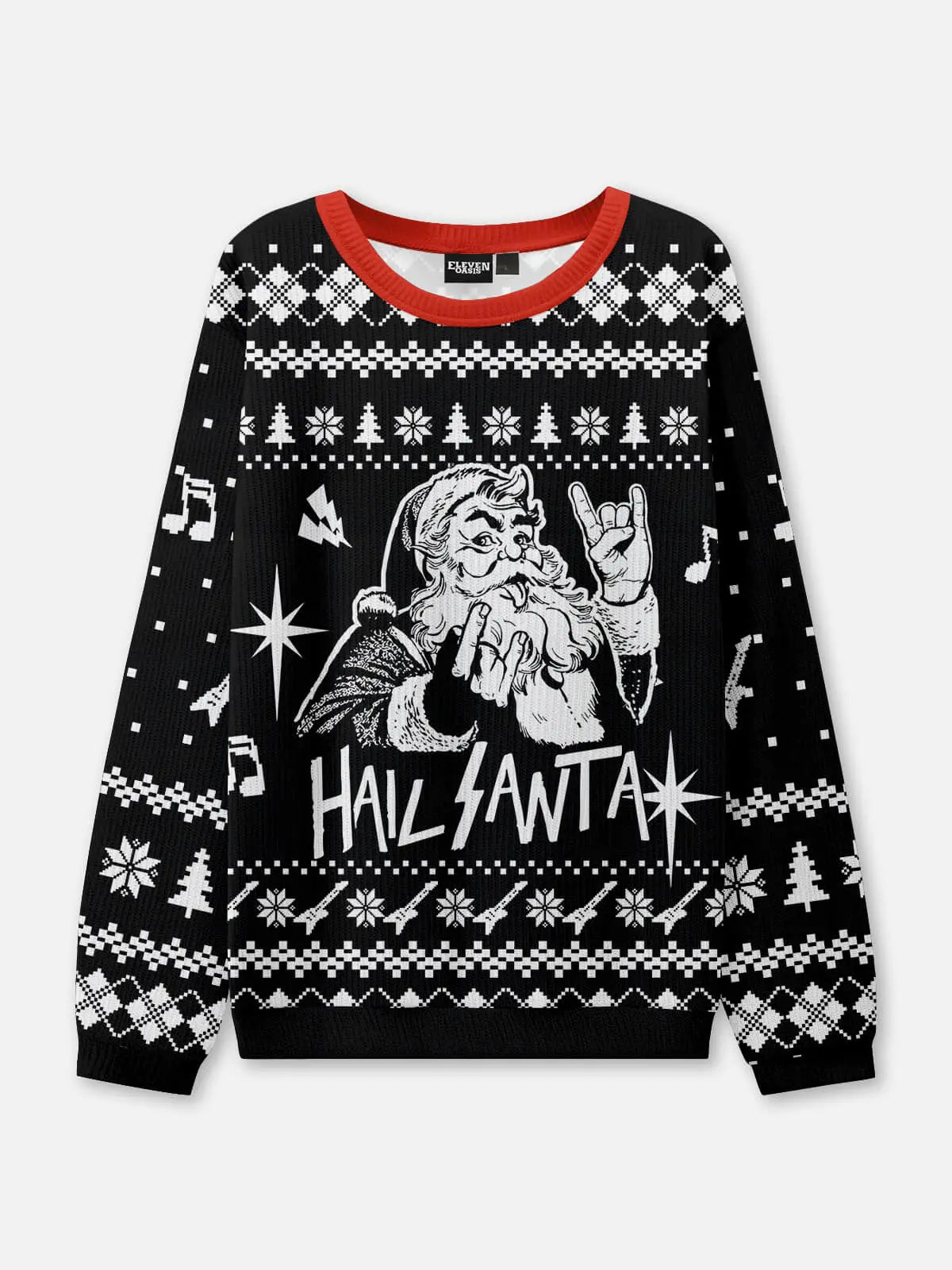 Ugly Christmas Sweater Santa Throwing the Horns in Black or White