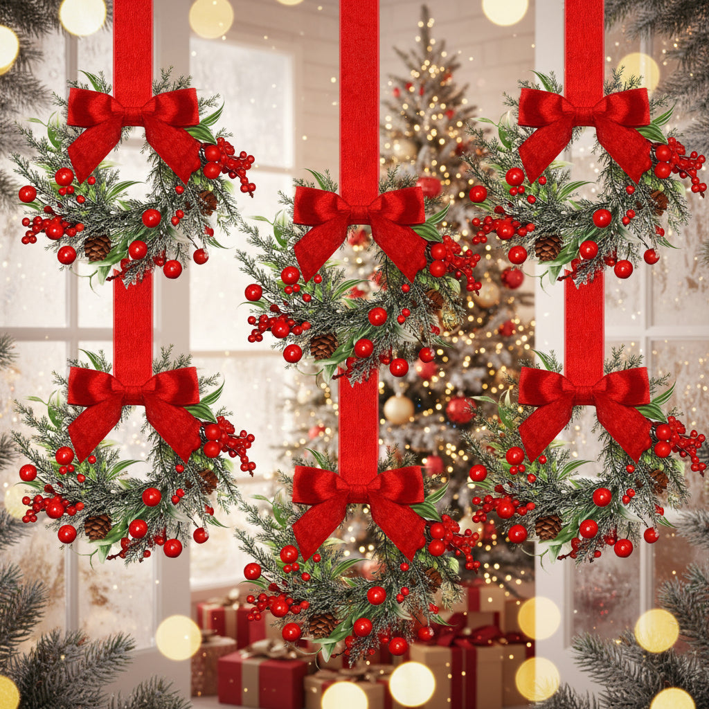 Christmas Wreath Artificial with Red Bow and Pinecones Needing No Power