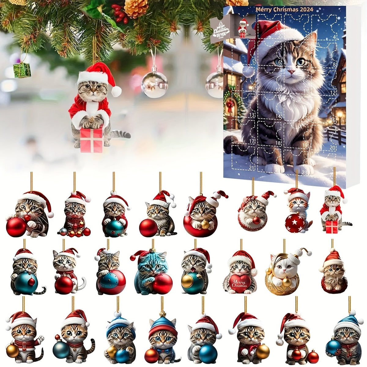 Advent Calendar Cat Pendants with 24 Acrylic Charms to Hang