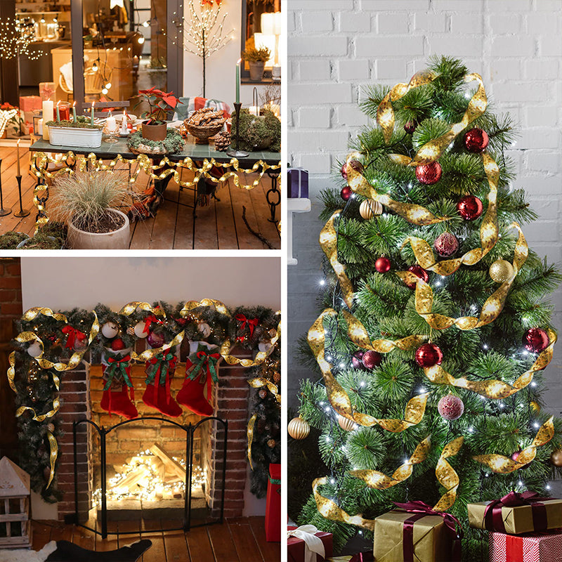 Christmas Lights Copper Wire Ribbon on Batteries Three Tones
