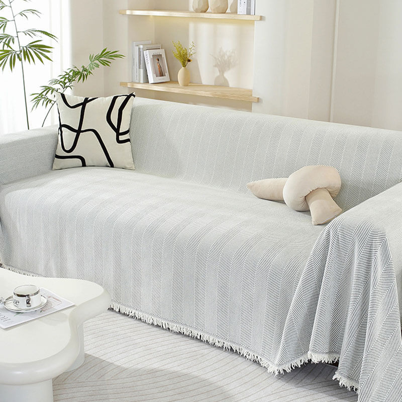 Herringbone Sofa Cover with Tassel Trim Furniture Protector in Five Lengths