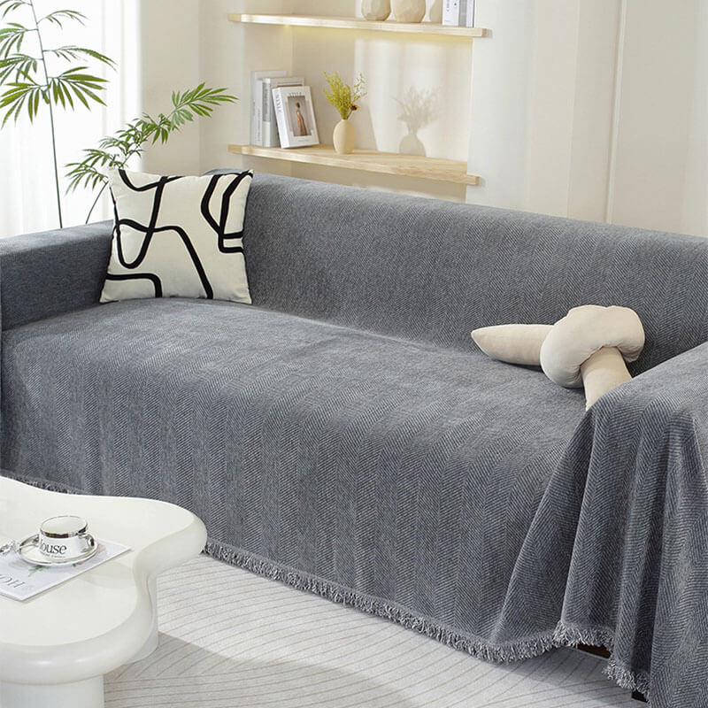 Herringbone Sofa Cover with Tassel Trim Furniture Protector in Five Lengths
