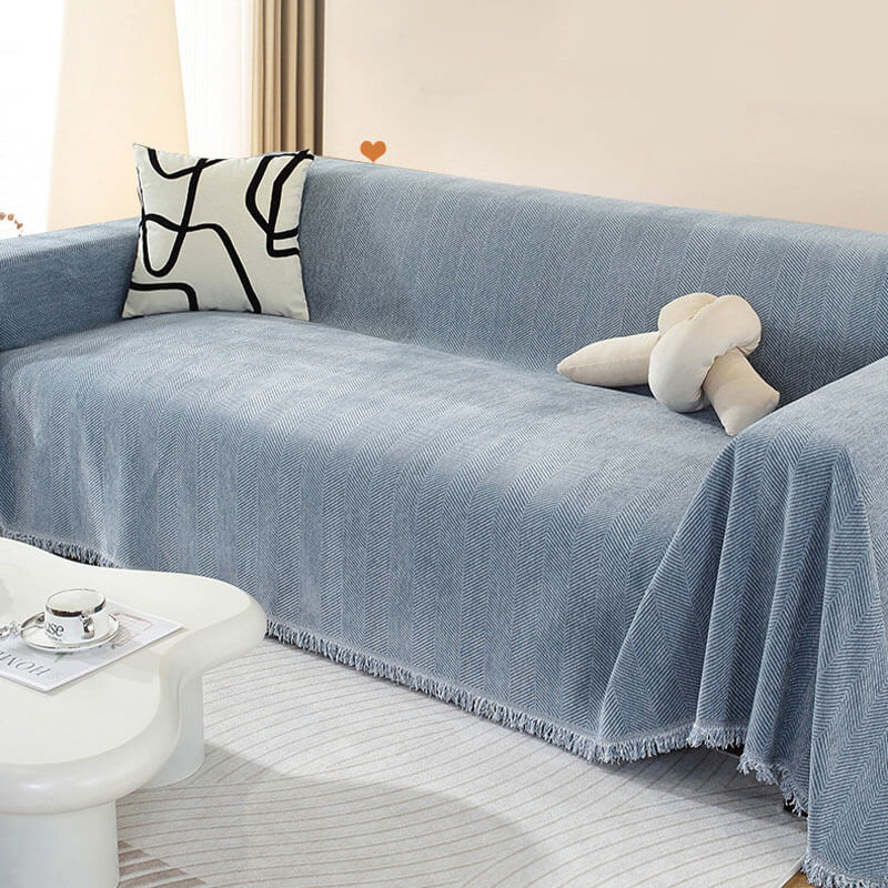 Herringbone Sofa Cover with Tassel Trim Furniture Protector in Five Lengths