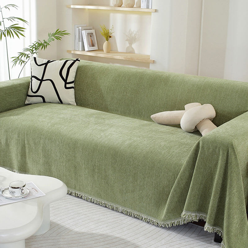 Herringbone Sofa Cover with Tassel Trim Furniture Protector in Five Lengths