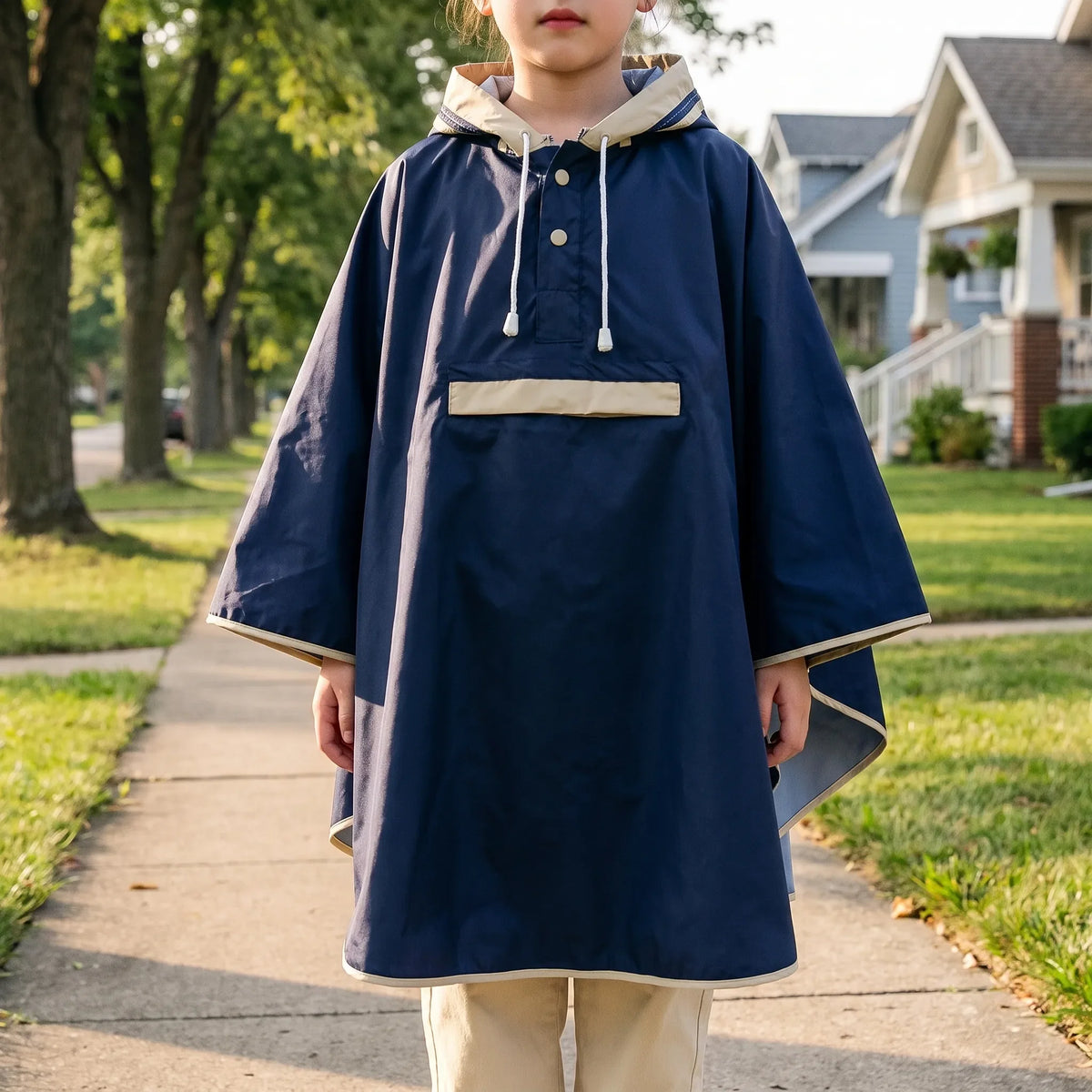Kids Rain Poncho Raincoat with Cape Design and Drawstring Hood for School Backpacks