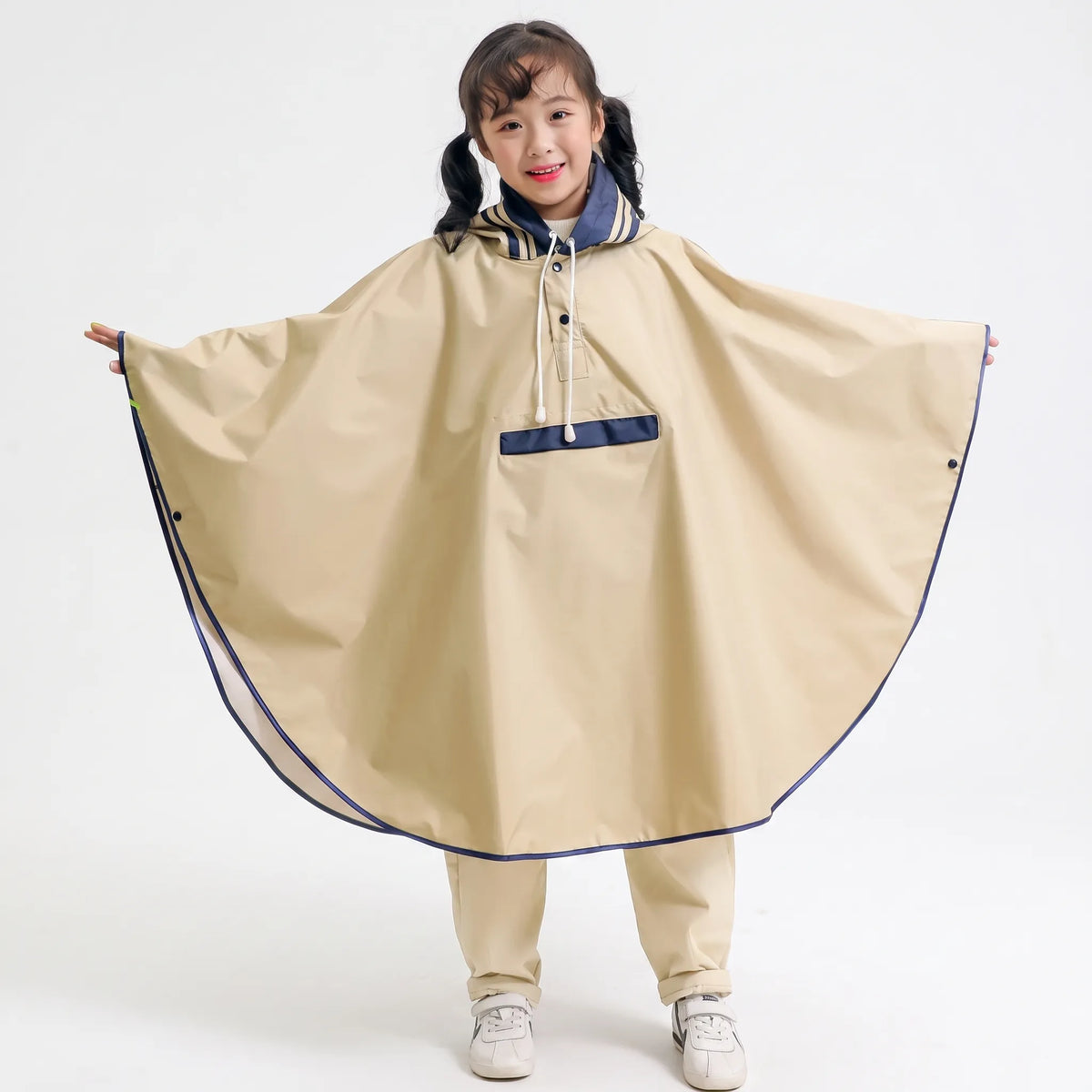 Kids Rain Poncho Raincoat with Cape Design and Drawstring Hood for School Backpacks