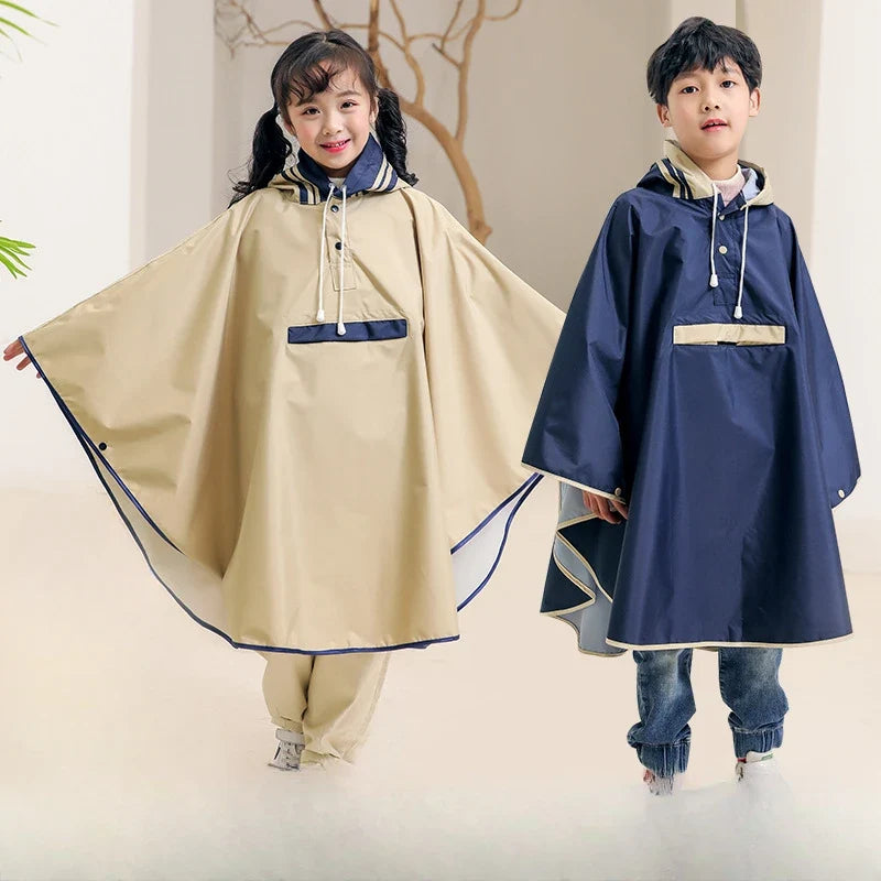 Kids Rain Poncho Raincoat with Cape Design and Drawstring Hood for School Backpacks