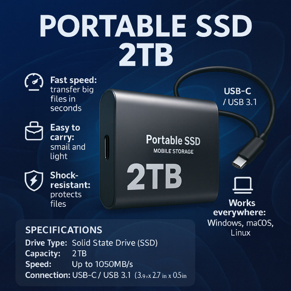 2TB SSD External Portable Solid State Drive for Fast File Storage and Transfer