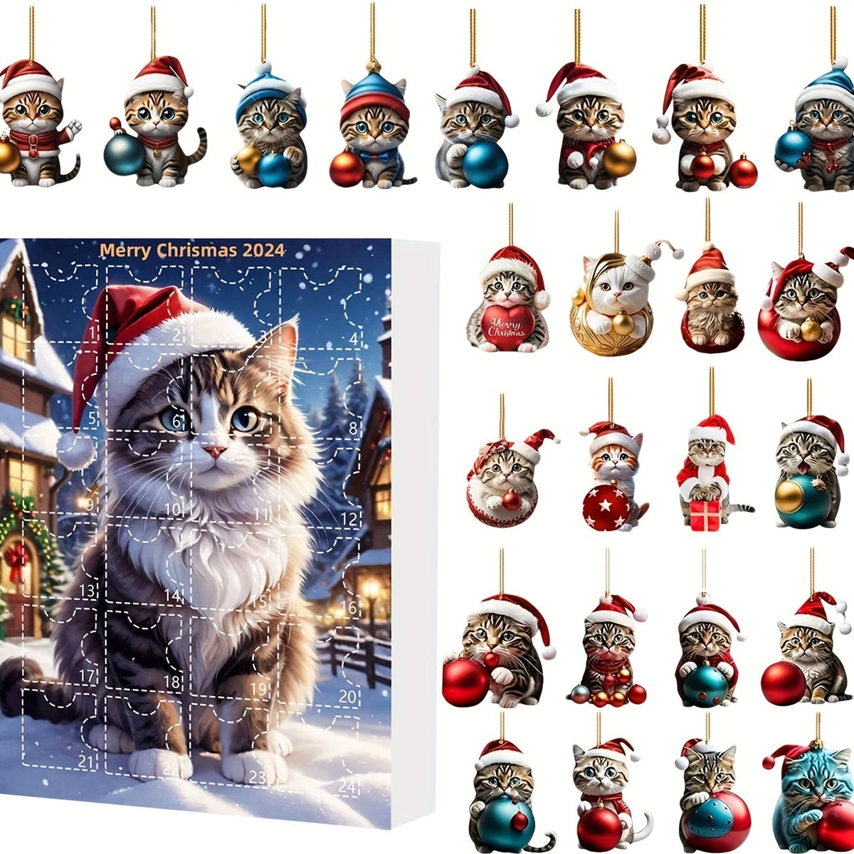 Advent Calendar Cat Pendants with 24 Acrylic Charms to Hang